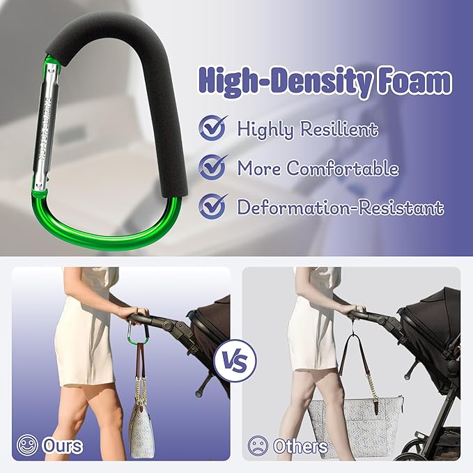 sprookber 6.7 Inch Large Stroller Hooks for Diaper Bags & Purses, Heavy Duty Mommy Hooks for Shopping, Grocery, Backpack – Baby Stroller Accessories, Set of 2 (Green)-BubblyBeeBaby