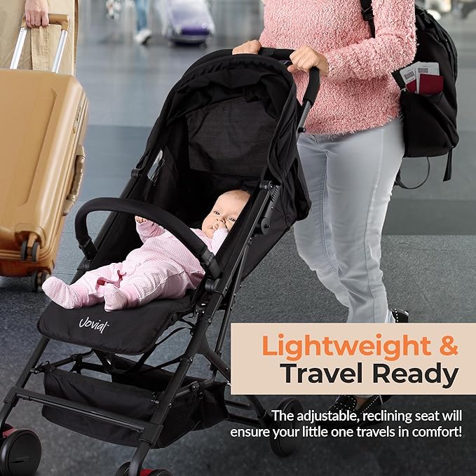 Jovial Lightweight Baby Stroller, Folding Travel Stroller with Reclining Seat, Canopy, 5-Point Safety Harness, Storage Basket, Smooth Wheels, Compact Portable Design (39.8" x 18.7" x 32.3")-BubblyBeeBaby