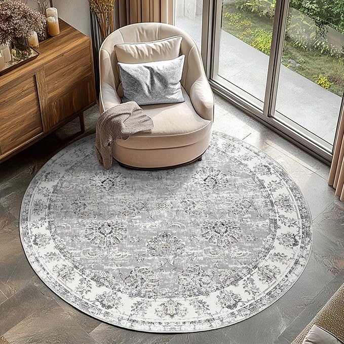 jinchan Round Rug 4ft Area Rugs Vintage Floral Distressed Design - Machine Washable Non-Slip Low-Pile Ultra-Thin Circle Rug for Entryway Bedside Living Room Dining Room Bedroom (4' Round,Grey)-BubblyBeeBaby