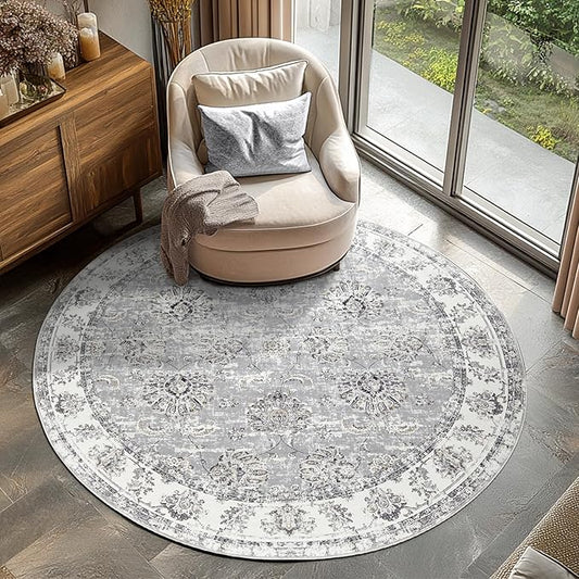 jinchan Round Rug 5ft Area Rugs Vintage Floral Distressed Design - Machine Washable Non-Slip Low-Pile Ultra-Thin Circle Rug for Entryway Bedside Living Room Dining Room Bedroom (5' Round,Grey)-BubblyBeeBaby
