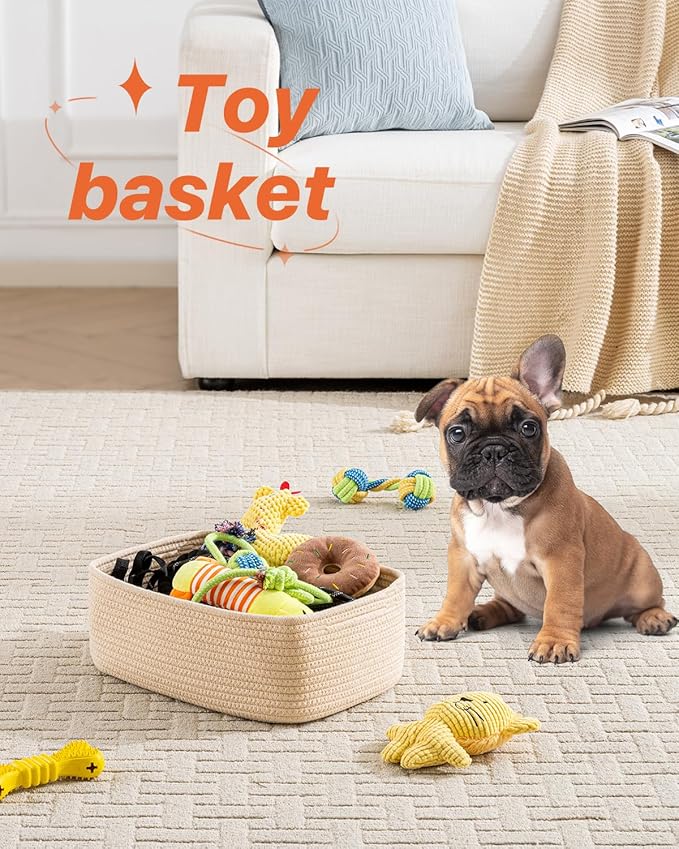 KALLAX Small Woven Basket, 13.5 x 9.5 x 5 Inches, Storage Basket for Organizing, Cute Small Rope Shelf Closet Cube Storage Bins Baskets for Shelves, Dog Toy Gift Baskets Empty, 3 Packs, Beige-BubblyBeeBaby
