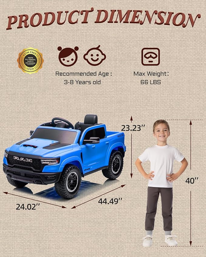 12V Kids Electric Vehicles, Licensed Ram 1500 RHO Kids Ride on Truck with Remote Control, Ride on Car for Children with Smooth Start, Truck Bed Storage, Bluetooth, Aux Port (Blue)-BubblyBeeBaby