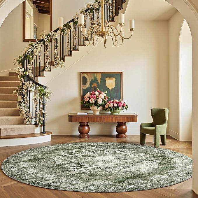 jinchan Round Rug 8ft Area Rug - Green Vintage Floor Mat Kitchen Indoor - Washable Circle 8' Thin Floral Print Carpet Retro Farmhouse Non Slip Dining Room Living Room Bedroom Office-BubblyBeeBaby