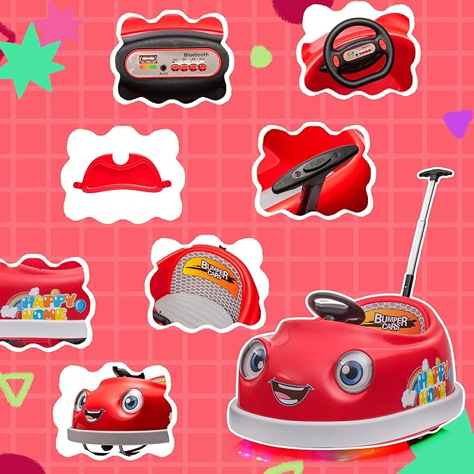 12V Dual Battery Electric Ride on Kids Bumper Car w/Remote Control,360 Degree Spin,Push Rod Rocker Horse Function,3-Speeds Babies & Toddlers Bumping Car Ride on Toy Gift for 1-4 Years Children (Red)-BubblyBeeBaby