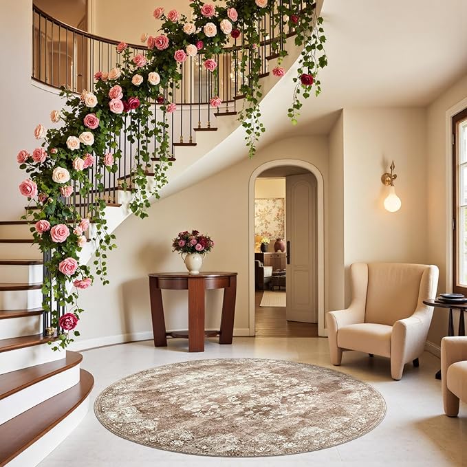 jinchan Round Rug 5ft Area Rug - Brown Vintage Floor Mat Kitchen Indoor - Washable Circle 5' Thin Floral Print Carpet Retro Farmhouse Non Slip Dining Room Living Room Bedroom Office-BubblyBeeBaby