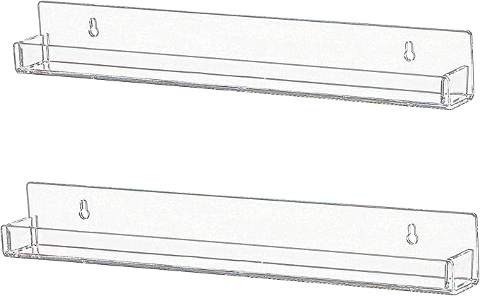 IEEK Nail Polish Rack Wall Mounted Shelf 2 Pack,Clear Kids Wall Bookshelf Acrylic Nail Polish Holder with Removable Anti-Slip End Inserts,2 Tiers Floating Polish Organizer Display 30 Bottles-BubblyBeeBaby