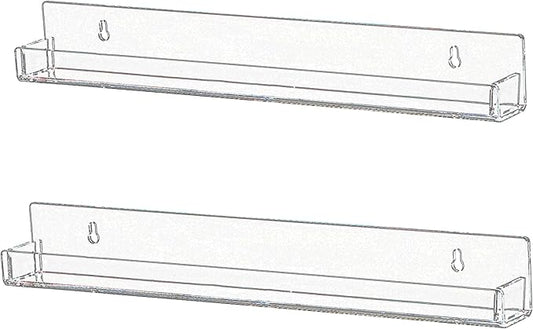 IEEK Nail Polish Rack Wall Mounted Shelf 2 Pack,Clear Kids Wall Bookshelf Acrylic Nail Polish Holder with Removable Anti-Slip End Inserts,2 Tiers Floating Polish Organizer Display 30 Bottles-BubblyBeeBaby