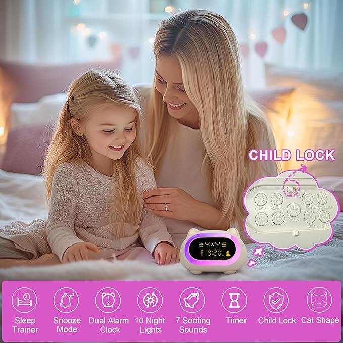Honesorn Alarm Clock for Kids, Ok to Wake Clock for Kids, Cute Cat Kids Alarm Clock for Girls Boys Toddler, Kids Clock with 10 Night Lights, 7 Soothing Sounds, Auto-Off Timer, Child Lock, Cream White-BubblyBeeBaby