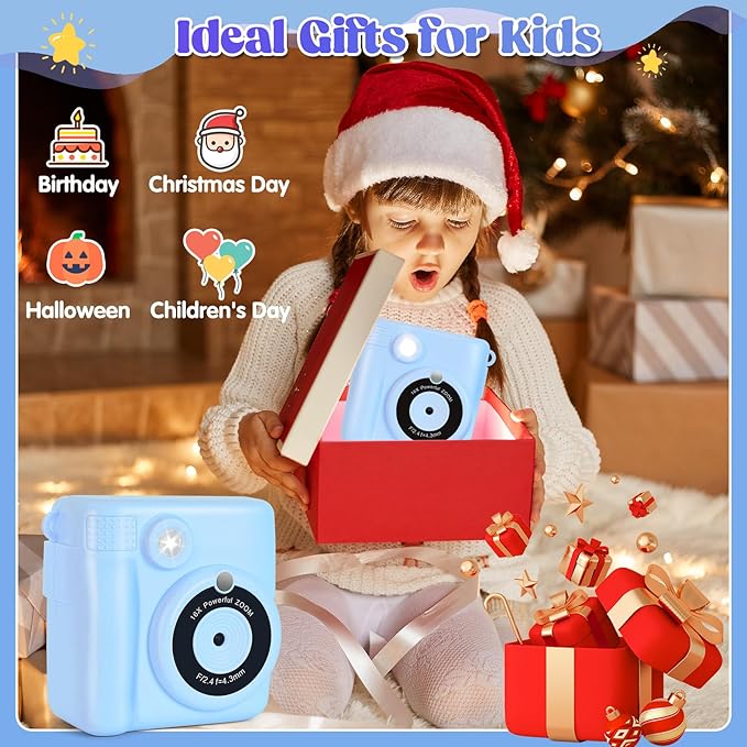Instant Print Camera for Kids - 2.4 Inch Kids Camera Instant Print with Paper & 32G Card- Digital Children Toys as Christams Birthday Gifts for Girls Boys Age 3-12 - Blue-BubblyBeeBaby