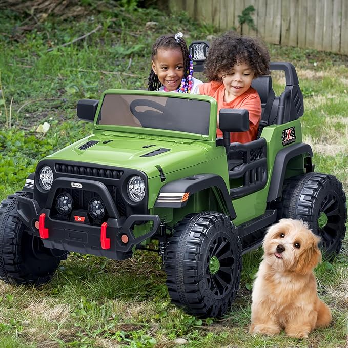 2 Seater Ride on Car Truck, 12V Kids Electric Ride on Toy for Big Kids Age 3-8 w/Remote Control- Army Green-BubblyBeeBaby