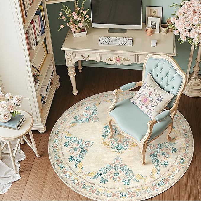 jinchan Round Rug 5ft Area Rugs Vintage Floral Distressed Design,Machine Washable Soft Non-Slip Low-Pile Ultra-Thin Circle Rug for Entryway Living Room Dining Room Bedroom (5' Round,Apricot Multi)-BubblyBeeBaby