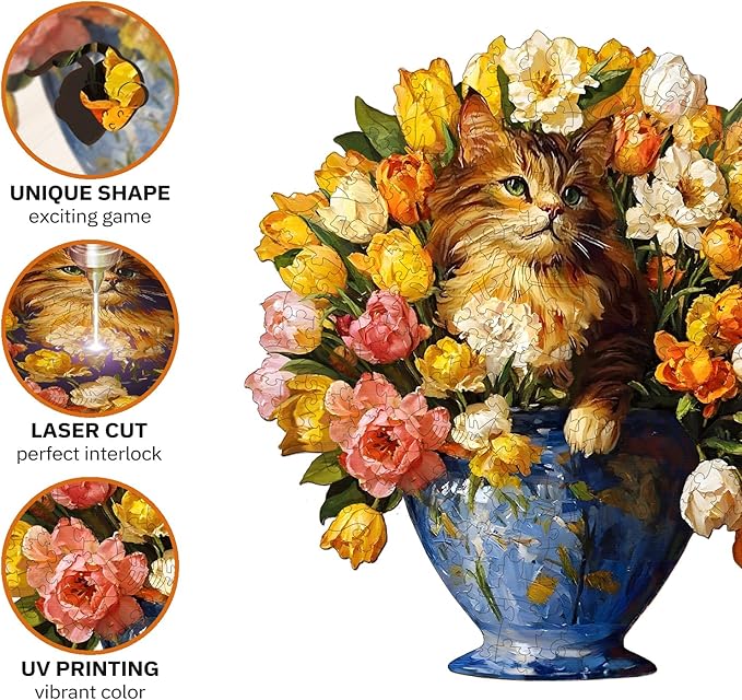 Jigfoxy Wooden Puzzles for Adults, The Vase Cat Wood Puzzles Adult, Unique Animal Shape Wooden Jigsaw Puzzles for Adults, Birthday Gifts for Puzzle Lovers, Family, Friend (S-7.4 * 7.7in-86pcs)-BubblyBeeBaby