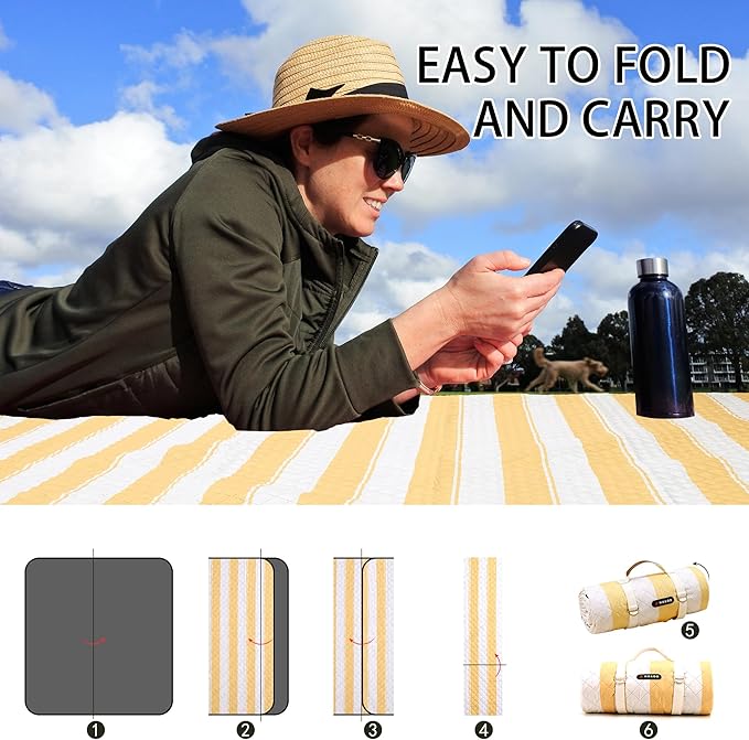 HX&OD Extra Large Picnic Outdoor Blanket, 80”x80” Waterproof Picnic Mat Foldable Camping Blanket Portable with Carry Strap for Beach Mat Outdoor Camping Party(Yellow)-BubblyBeeBaby