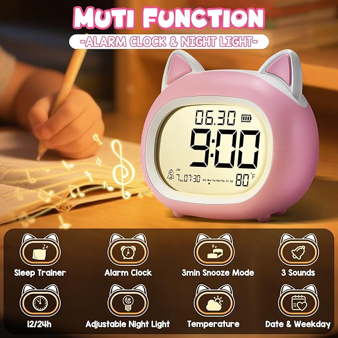 Kids Alarm Clock with Night Light for Kids, Small Digital Alarm Clocks for Bedrooms, Routine Builder, Cute Cat Alarm Clock with Sleep Training, Snooze, 12/24H, Date & Day, Temperature, USB Port-BubblyBeeBaby