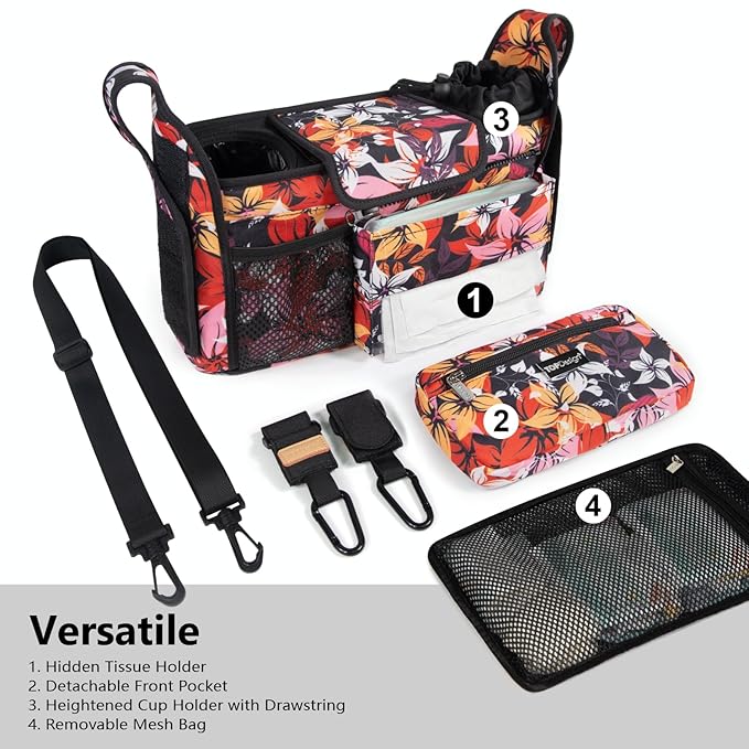 TOPDesign Universal Baby Stroller Organizer, Stroller Caddy with Detachable Mesh Bag & Heightened Insulated Cup Holders & Non-Slip Secure Hooks Accessories, Fits Most Strollers (Five Petal Flower)-BubblyBeeBaby