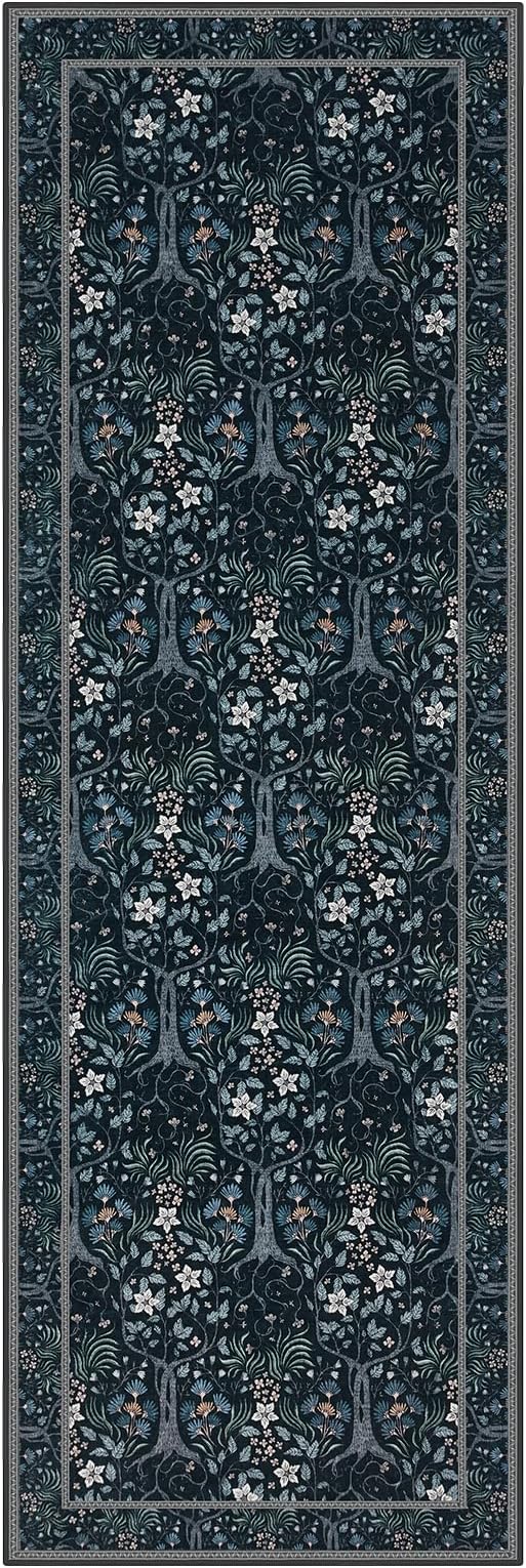 Joydeco Floral Washable Runner Rug for Kitchen, Forest Hallway Rug Runner 2x6 Non Slip, Boho Botanical Ultra-Thin Soft Indoor Floor Throw Carpet for Bathroom Entryway Foyer, Blue-Black-BubblyBeeBaby