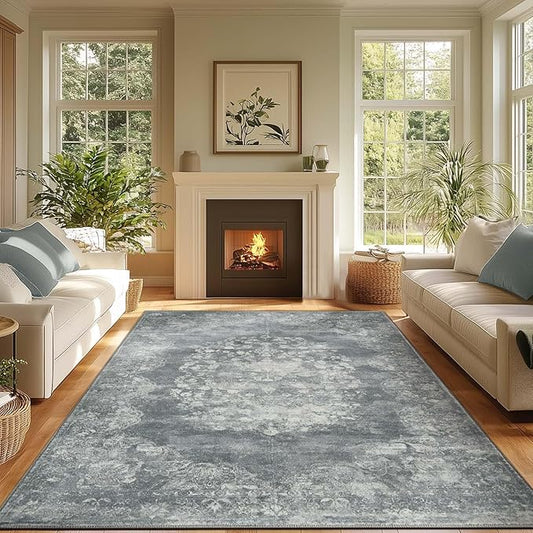 jinchan Washable Area Rug 6x9 for Living Room - Soft Faux Wool Ultra-Thin Stain Resistant Non-Slip Distressed Vintage Floral Rug Large Carpet for Bedroom,Dining Room,Home Office,Nursery(Grey, 6'x9')-BubblyBeeBaby