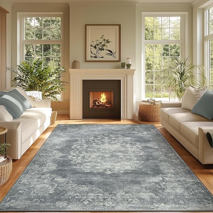 jinchan Washable Area Rug 8x10 for Living Room - Soft Faux Wool Ultra-Thin Stain Resistant Non-Slip Distressed Vintage Floral Large Carpet for Bedroom,Dining Room,Home Office,Nursery(Grey, 8'x10')-BubblyBeeBaby