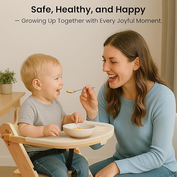 High Chair for Babies and Toddlers, Wooden Highchair with Adjustable Seat & Convertible Footrest Heights, Baby Feeding Chair with Safety Harness & Removable Double Layer Tray-BubblyBeeBaby