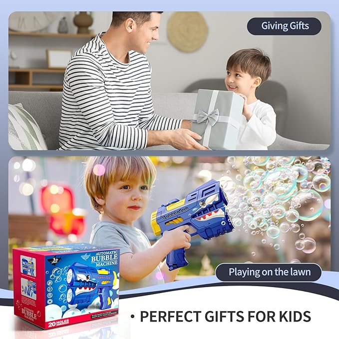 Jasny 2 Pack Bubble Guns for Kids, Rechargeable LED Light Up Dinosaur Bubbles Machine Blower with 2 Bottles Refill Solution for Toddlers 4-8, Birthday Gift-BubblyBeeBaby