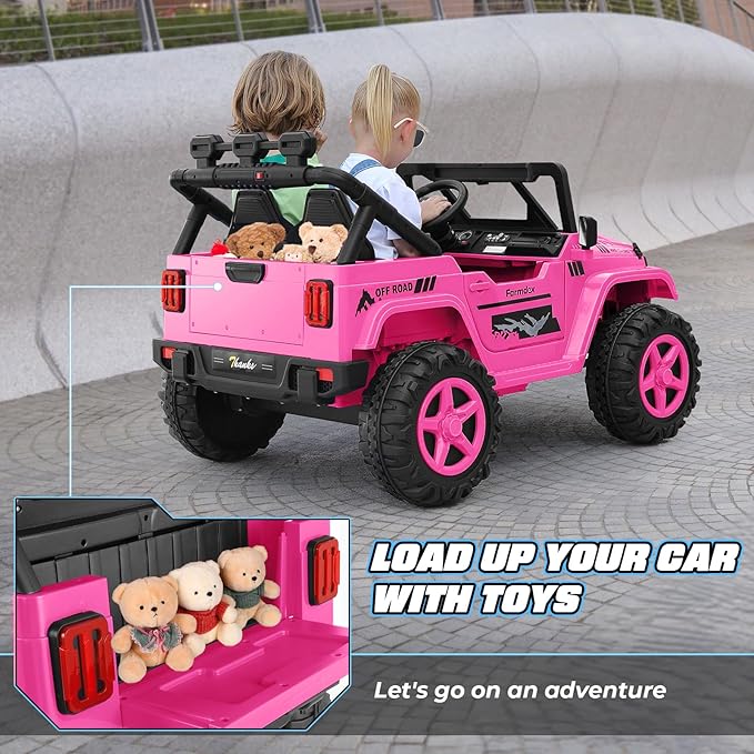 Hikole 24V 2 Seater Ride on Cars for Kids - Remote Control, 20" Spacious Seat, 4WD/2WD Switchable Electric Car with LED Lights, Bluetooth, 3 Speeds, Ride on Toys for Kids 3-8, Hot Pink-BubblyBeeBaby