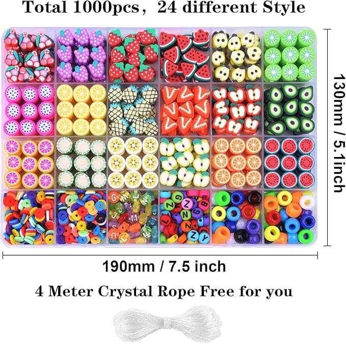 1000PCS Polymer Clay Beads Bracelet Making kit, 24 Style Cute Fun Beads Fruit Beads Charms for Jewelry Necklace Earring Making DIY Accessories for Women Girls-BubblyBeeBaby