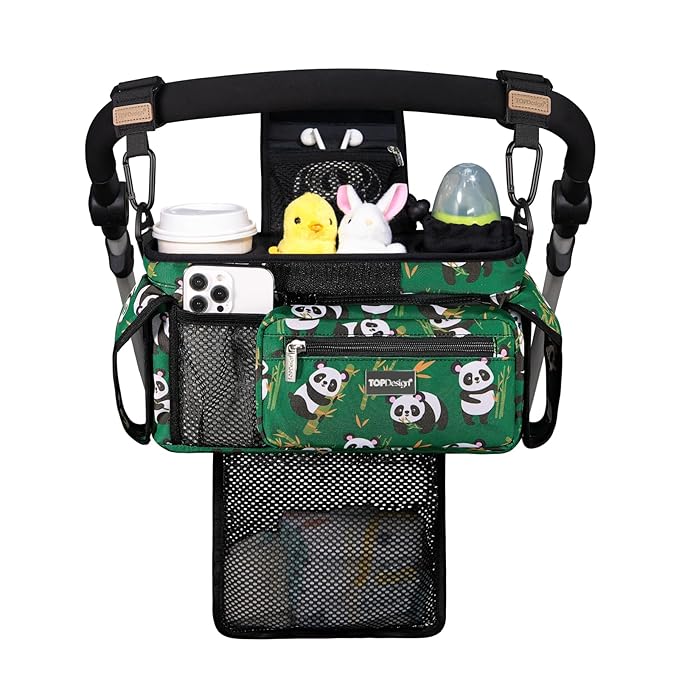 TOPDesign Universal Baby Stroller Organizer, Stroller Caddy with Detachable Mesh Bag & Heightened Insulated Cup Holders & Non-Slip Secure Hooks Accessories, Fits Most Strollers (Pandas)-BubblyBeeBaby