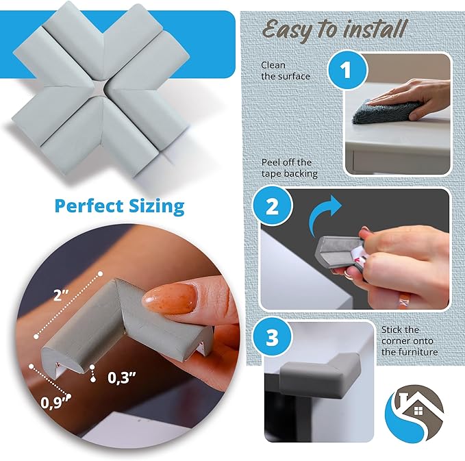 12-Pack Corner Protectors Baby Proof, Furniture Corner and Edge Safety Bumpers, Soft Rubber Foam Cushion Covers, 3M Taped Corner Guards, Baby Child Proofing Pads, Table Corner Protectors, Gray-BubblyBeeBaby