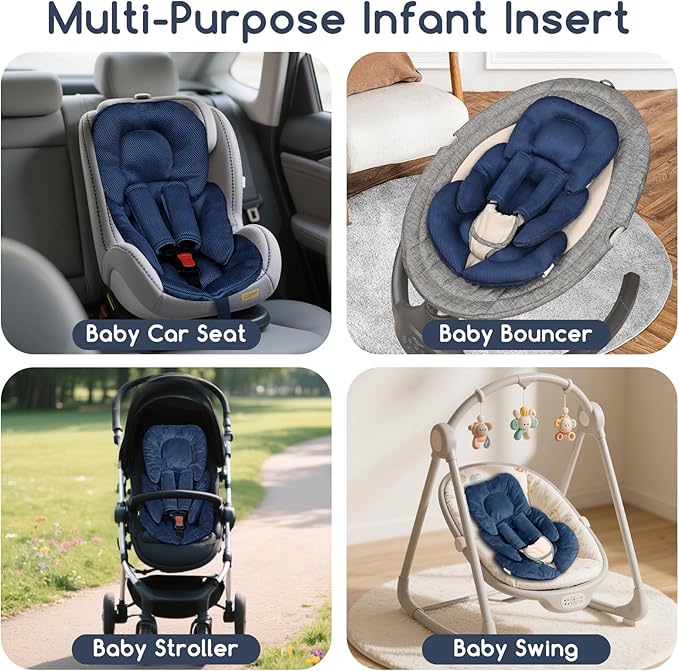 Infant Car Seat Insert for Newborn Girls Boys, Summer Mesh Baby Carseat Head Support with Strap Pads, Soft Reversible Baby Car Seat Insert Cushion Pad for Car Seat, Stroller, Bouncer, Swing, Blue-BubblyBeeBaby