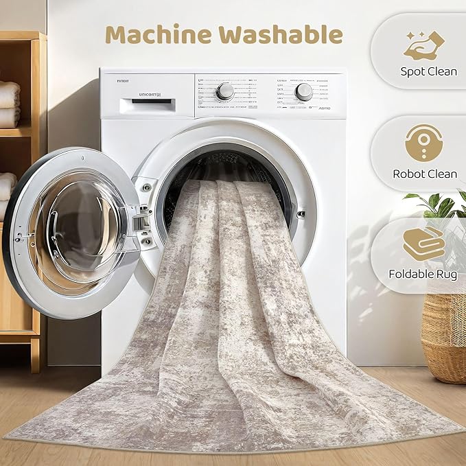 10x14 Area Rugs Living Room: Washable Large Abstract Soft Rug Stain Resistant Indoor Floor Non-Slip Accent Carpet for Women Modern Home Enthusiasts Aged 25-45 - Bedroom Nursery Playroom- Beige Brown-BubblyBeeBaby