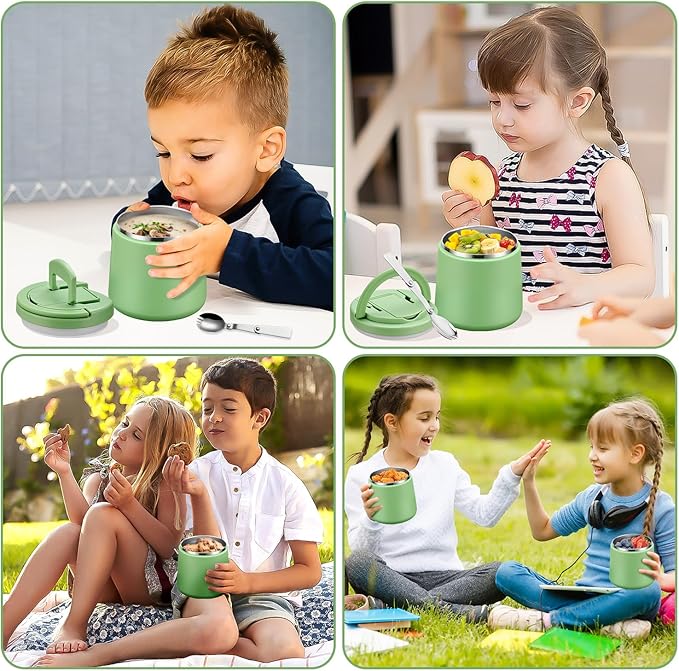20oz Insulated Vacuum Food Jar with Buckle Lid,Soup Thermo for Hot Food Kids,Wide Mouth Leakproof Stainless Steel Lunch Container with Spoon-Green-BubblyBeeBaby