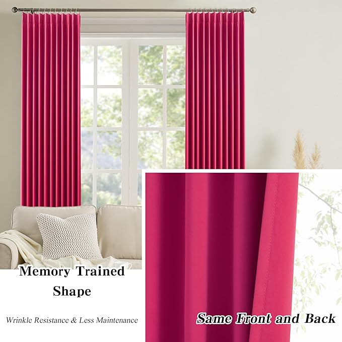 KEQIAOSUOCAI Pinch Pleated Curtains 108 Inches Long, Energy Saving Window Treatment Privacy Drapery for Living Room, Vertical Track System Elegant Hook Panels(Hot Pink, 2 PCs, W40 x L108)-BubblyBeeBaby