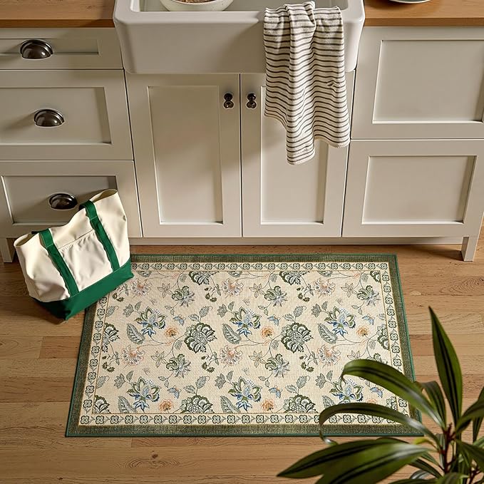 jinchan 2x3 Floral Rug for Entryway Washable Kitchen Rug Vintage Romance Design Small Mat Non Slip Indoor Doormat Lightweight Low-Profile Throw Carpet for Entrance Bathroom Laundry Room, Green/Beige-BubblyBeeBaby
