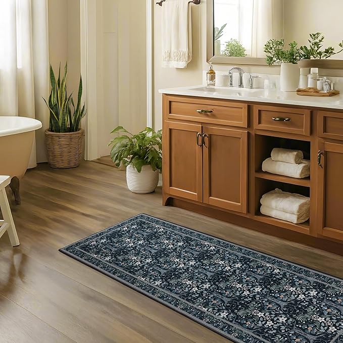 Joydeco Floral Washable Runner Rug for Kitchen, Forest Hallway Rug Runner 2x6 Non Slip, Boho Botanical Ultra-Thin Soft Indoor Floor Throw Carpet for Bathroom Entryway Foyer, Blue-Black-BubblyBeeBaby