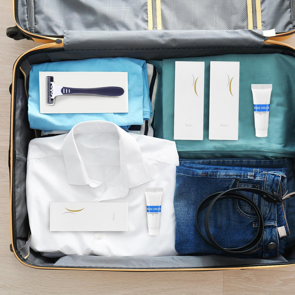 Hushee Shave Kit Bulk Travel Shaving Cream Disposable Twin Blade Razors and Cream Individually Wrapped Smooth Razor with Clear Cap Toiletries for Hotel Shelter Camping Travel Homeless (100 Pack)