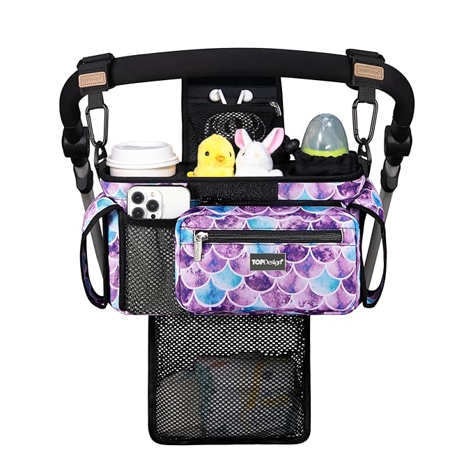 TOPDesign Universal Baby Stroller Organizer, Stroller Caddy with Detachable Mesh Bag & Heightened Insulated Cup Holders & Non-Slip Secure Hooks Accessories, Fits Most Strollers (Mermaid)-BubblyBeeBaby