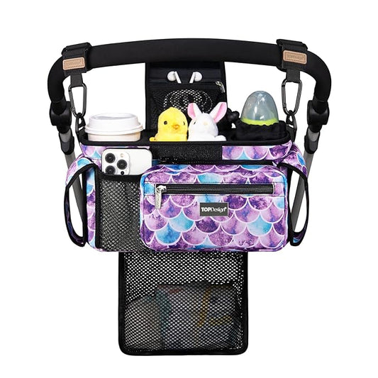 TOPDesign Universal Baby Stroller Organizer, Stroller Caddy with Detachable Mesh Bag & Heightened Insulated Cup Holders & Non-Slip Secure Hooks Accessories, Fits Most Strollers (Mermaid)-BubblyBeeBaby