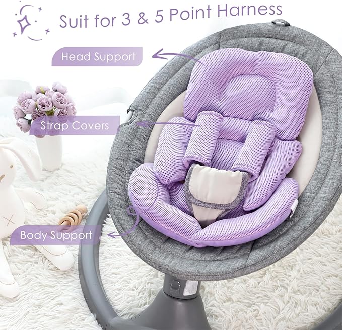 Infant Car Seat Insert for Newborn Girls Boys, Summer Mesh Baby Carseat Head Support with Strap Pads, Soft Reversible Baby Car Seat Insert Cushion Pad for Car Seat, Stroller, Bouncer, Swing, Purple-BubblyBeeBaby