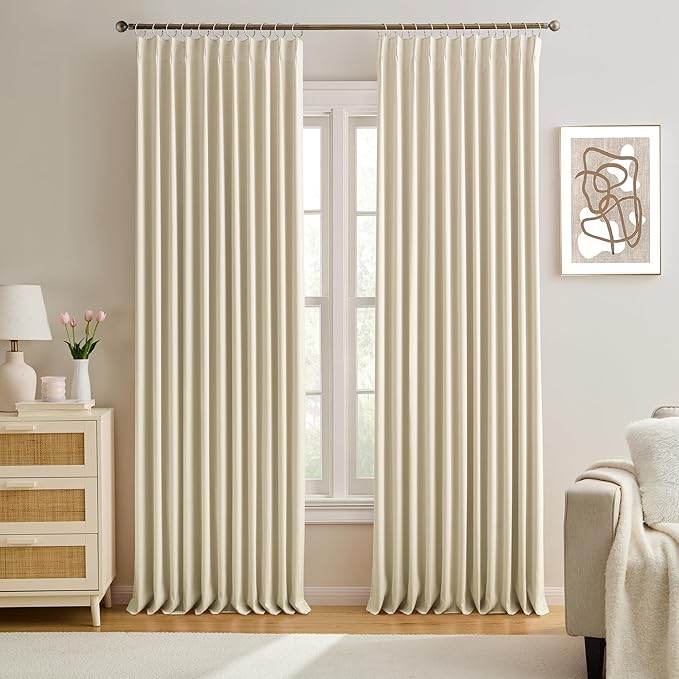 KEQIAOSUOCAI Cream Beige Curtains 72 inch Wide x 108 inch Long 2 Panels - Thermal Room Divider Curtains for Bedroom/Living Room/Patio, Wide Width Pinch Pleated Ceiling Track Curtain Panel with Hooks-BubblyBeeBaby