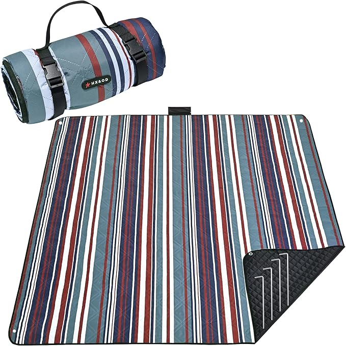 HX&OD Outdoor Picnic Blanket Extra Large, 80''*80'' Waterproof Picnic Mat with Stakes Foldable Camping Blanket Portable with Carry Strap for Beach Mat (Red, 80''*80'')-BubblyBeeBaby
