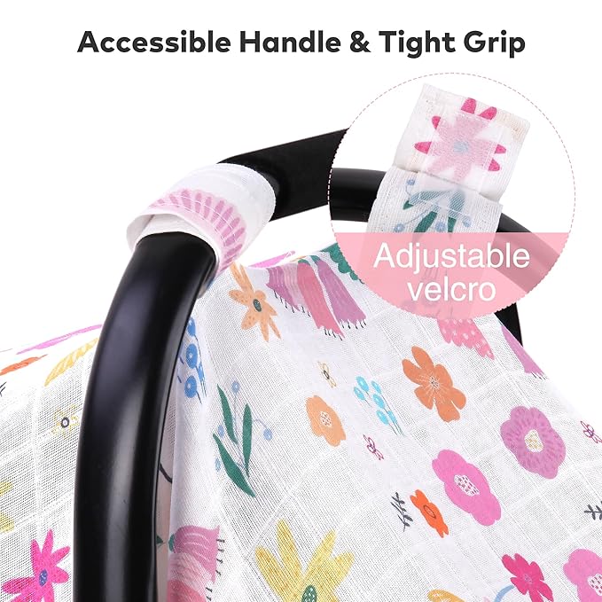 Rquite Muslin Car Seat Cover Baby, Carseat Covers Baby Girl Boy, Breathable Lightweight Infant Car Seat Cover, Baby Carrier Cover Car Seat Canopy Stroller Sun Shade for Summer & Hot Day, Universal Fit-BubblyBeeBaby