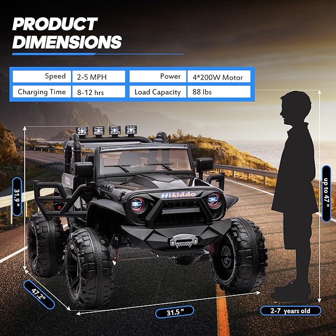 24V 9Ah Ride on Toy for Big Kids, 4WD 2 Seater Ride on Car Truck with Remote Control, 4x200W Motor - Black-BubblyBeeBaby