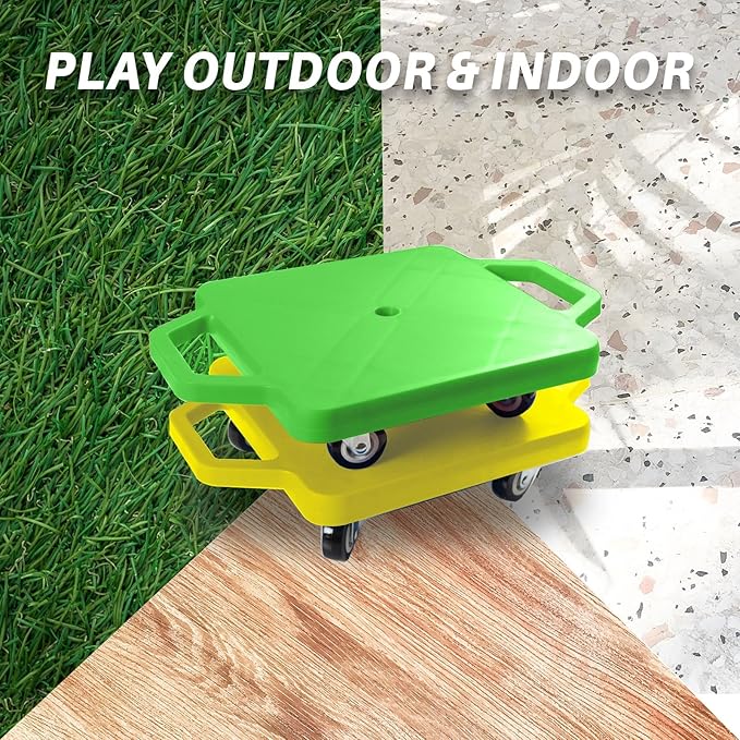 2 Plastic Scooter Boards with Handles for Kids Sitting and Sports Training, with 1 Ring, 2 Ropes and 4 Beanbags, Indoor and Outdoor Play-BubblyBeeBaby