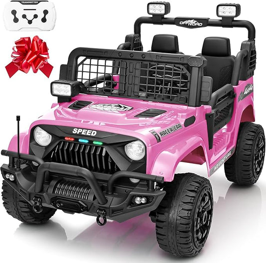 2 Seater Ride On Car Truck with Remote Control XL, Kids 24V Battery Powered Electric Vihicle w/21 in Seat, 3 Speeds, 2WD/4WD Switichable, Shock Absorbers,Bluetooth, Flower, Gift Choice-BubblyBeeBaby