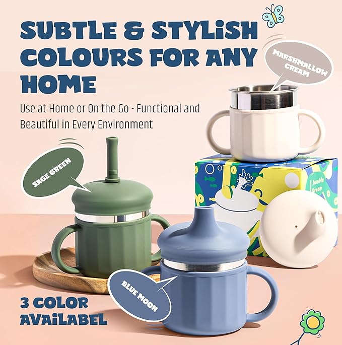 Jumble Dream Baby & Toddler Stainless Steel Sippy Cup Silicon Training Stainless Steel Kids Cups with Straw, Babies Tumbler with Straw No Spill | 6-24 Month Toddler Sippy Cup (Sage Breeze)-BubblyBeeBaby