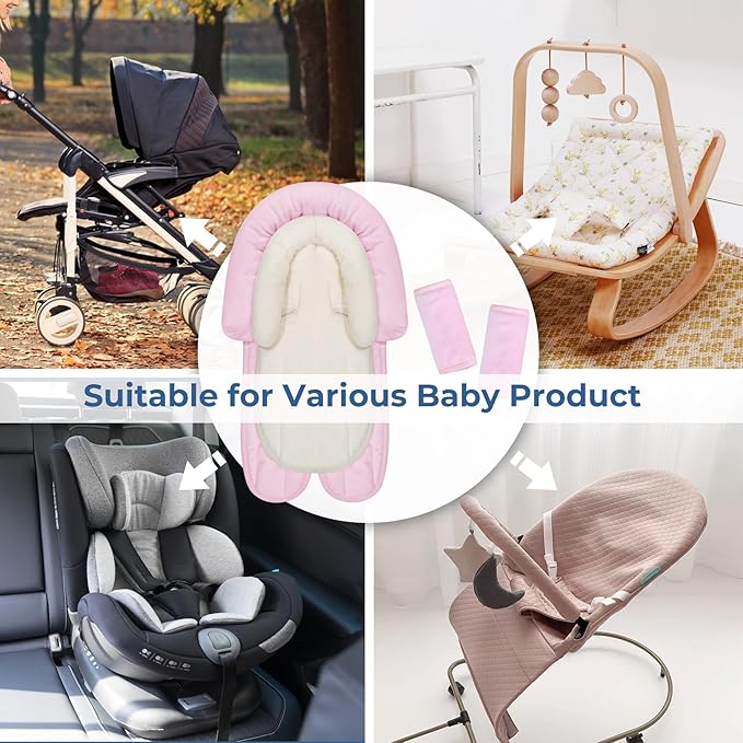 COOLBEBE New Babybody Support & Strap Covers Set for Newborn Infant Toddler- Extra Soft Stroller Cushion Pads Car Seat Insert, Perfect for Carseats, Strollers, Swings, Pink-BubblyBeeBaby