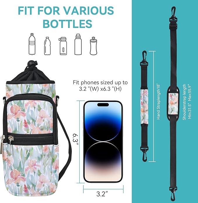 25/32/40/64oz Water Bottle Bag Holder Carrier-Insulated Crossbody Sling Case Sleeve with Strap & Pockets for Men Women Gym Cycling Travel Walking Hiking Camping-BubblyBeeBaby