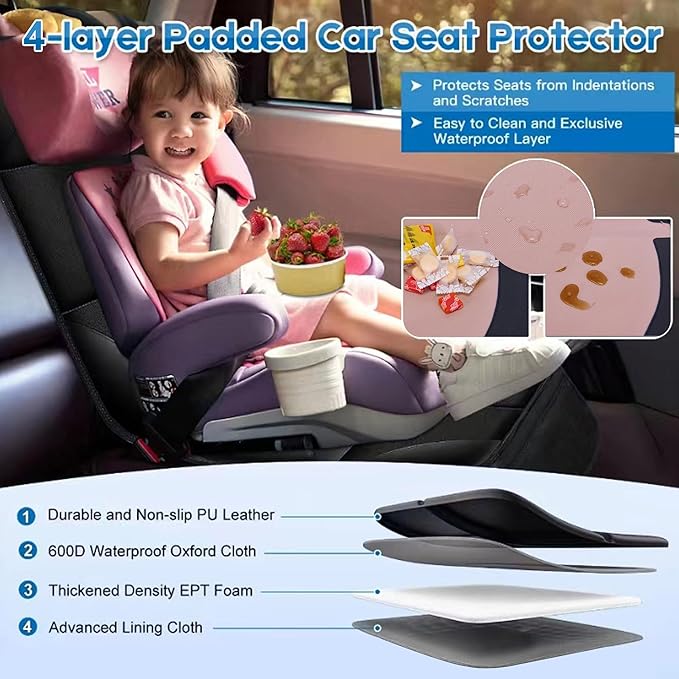 Car Seat Protector for Child, 2 Pack Baby Covers with Mesh Pockets & Non-Slip Backing 600D Durable Under Seat for Back (Rose Gold, Standard)-BubblyBeeBaby