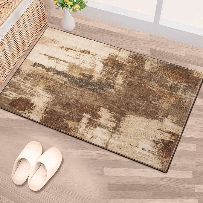 Kelarea 2x3 Brown Entryway Rug, Washable Abstract Small Rugs Non-Slip Low Pile Throw Rugs for Kitchen Floor, Front Door, Bedroom Bedside-BubblyBeeBaby