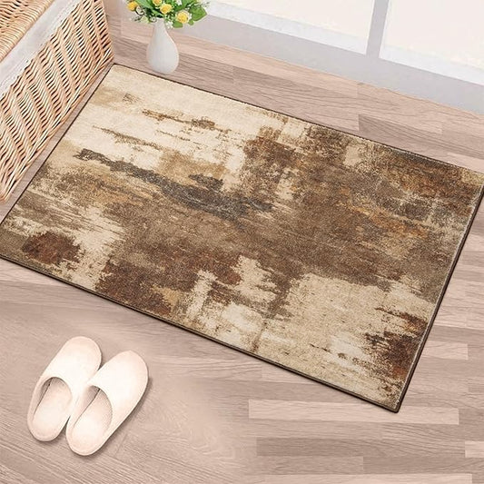 Kelarea 2x3 Brown Entryway Rug, Washable Abstract Small Rugs Non-Slip Low Pile Throw Rugs for Kitchen Floor, Front Door, Bedroom Bedside-BubblyBeeBaby